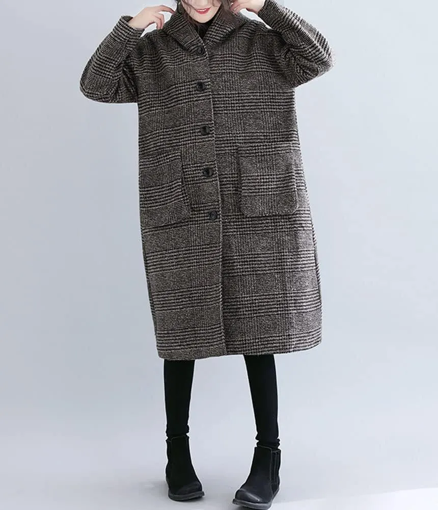 chouyatou Women's Retro Houndstooth Plaid Single Breasted Long Wool Coat with Hood