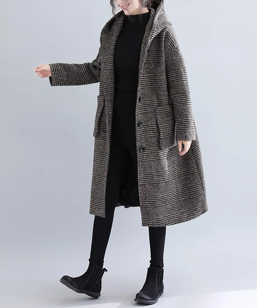 chouyatou Women's Retro Houndstooth Plaid Single Breasted Long Wool Coat with Hood