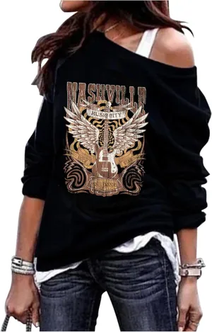 CHUNTIANRAN Women's Sexy Off Shoulder Sweatshirt Nashville Country Music Sweatshirt Vintage Long Sleeve Pullover T Shirt