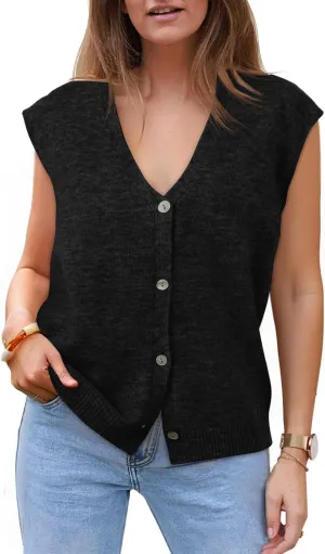 Cicy Bell Womens V Neck Sweater Vest Casual Button Down Knit Vest Outerwear Sleeveless Trendy Cardigans