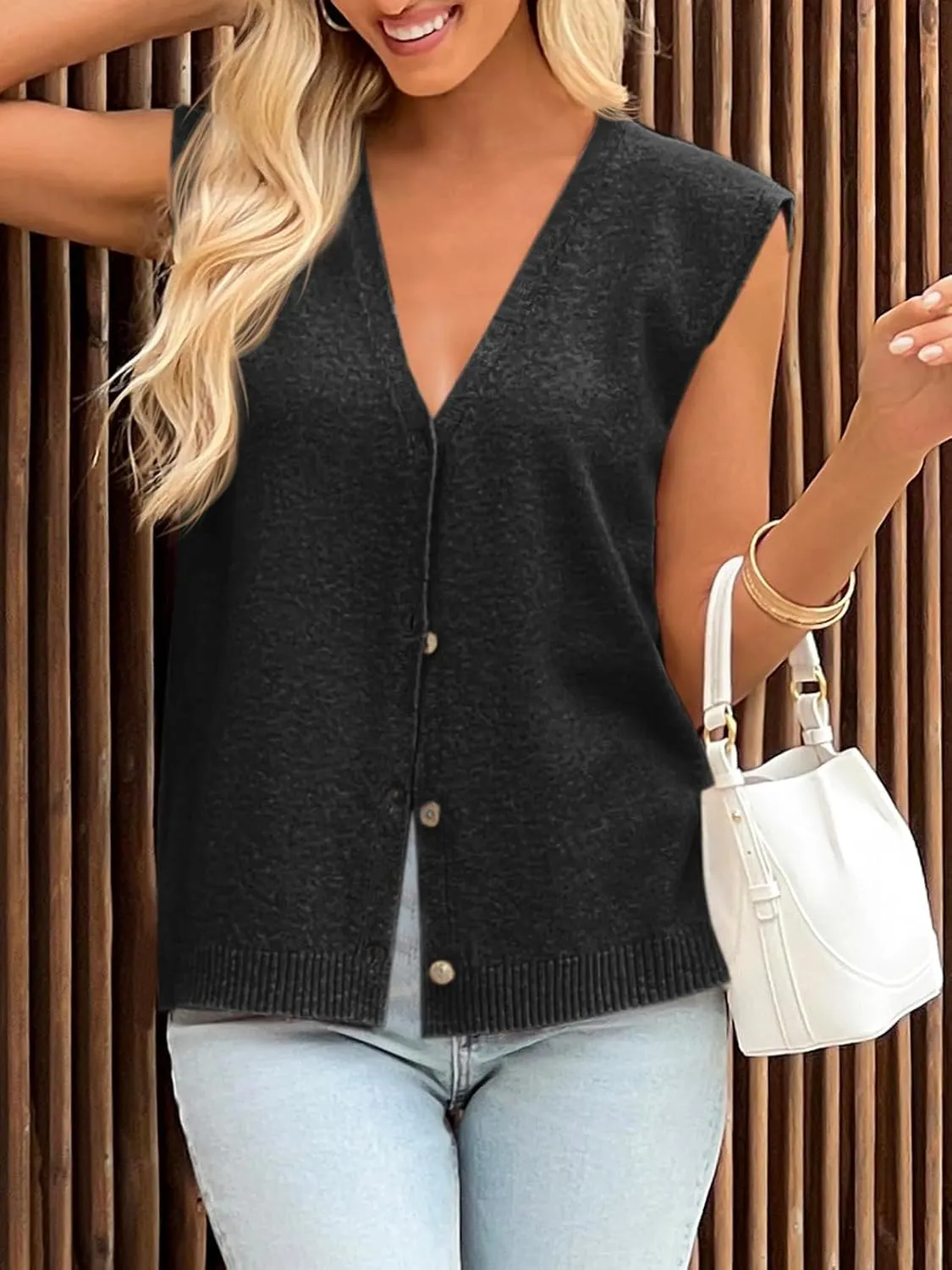 Cicy Bell Womens V Neck Sweater Vest Casual Button Down Knit Vest Outerwear Sleeveless Trendy Cardigans