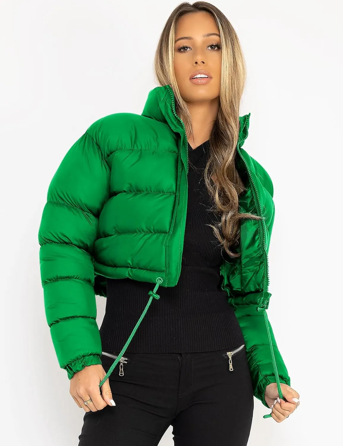 COZYPOIN Women Quilted Down Jacket Stand Collar Long Sleeve Zipper Cropped Puffer Jacket Coat