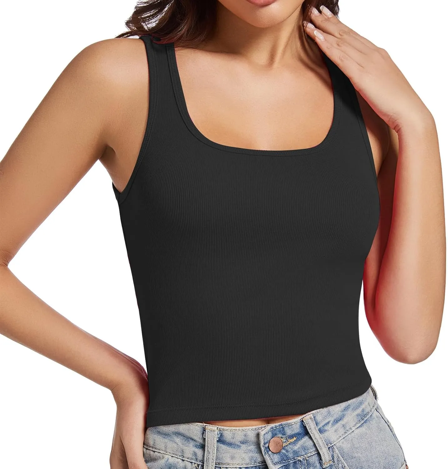 Cropped Tank Tops for Women Square Neck Basic Ribbed Tanks Crop Fitted Sleeveless Shirts Summer Camisole Tops