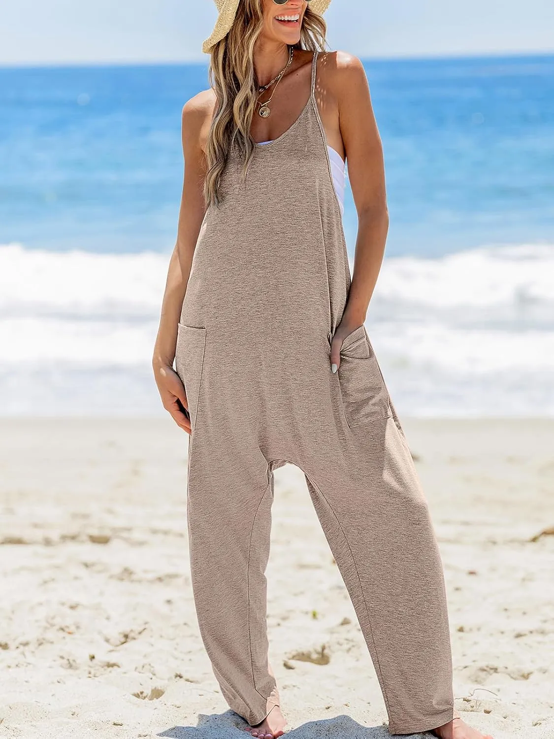 CUPSHE Women's Casual V Neck Spaghetti Straps Jumpsuit Sleeveles Baggy Long Pants Overall Outfit with Pockets