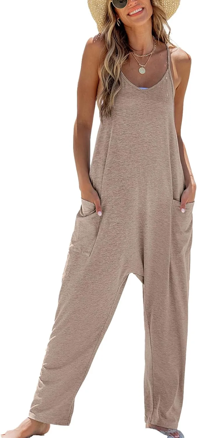 CUPSHE Women's Casual V Neck Spaghetti Straps Jumpsuit Sleeveles Baggy Long Pants Overall Outfit with Pockets