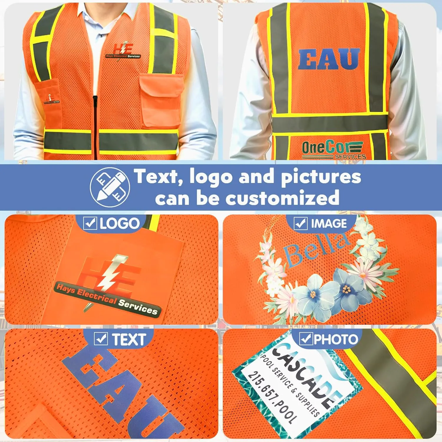 Custom Logo Safety Vest(S,M,L,XL,2XL,3XL,4XL) High Visibility Reflective Safety Vests Class 2
