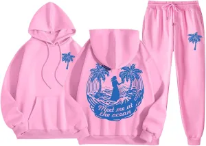 Cute 2 Piece Outfits Women, Teen Girls Preppy Puff Pullover Hoodies Pocket Drawstring Oversized Sweatpant Outfit Sets