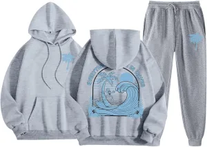 Cute 2 Piece Outfits Women, Teen Girls Preppy Puff Pullover Hoodies Pocket Drawstring Oversized Sweatpant Outfit Sets