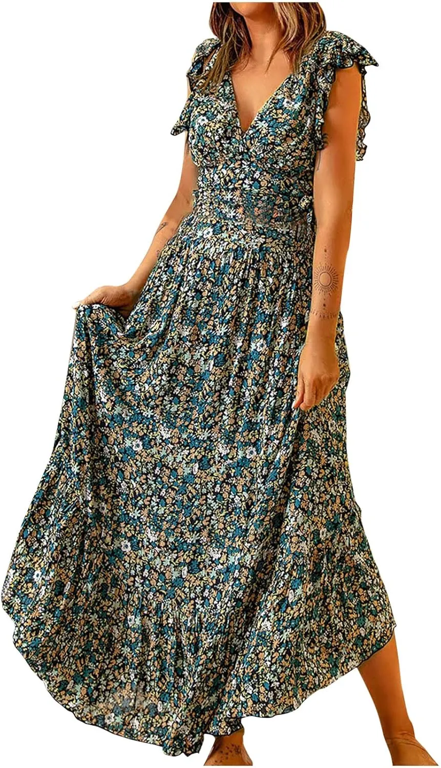 DDAPJ pyju Womens Bohemian Skirt Sets Ruffle Sleeve V Neck Crop Top High Waist Maxi Skirts 2 Piece Beach Vacation Outfits
