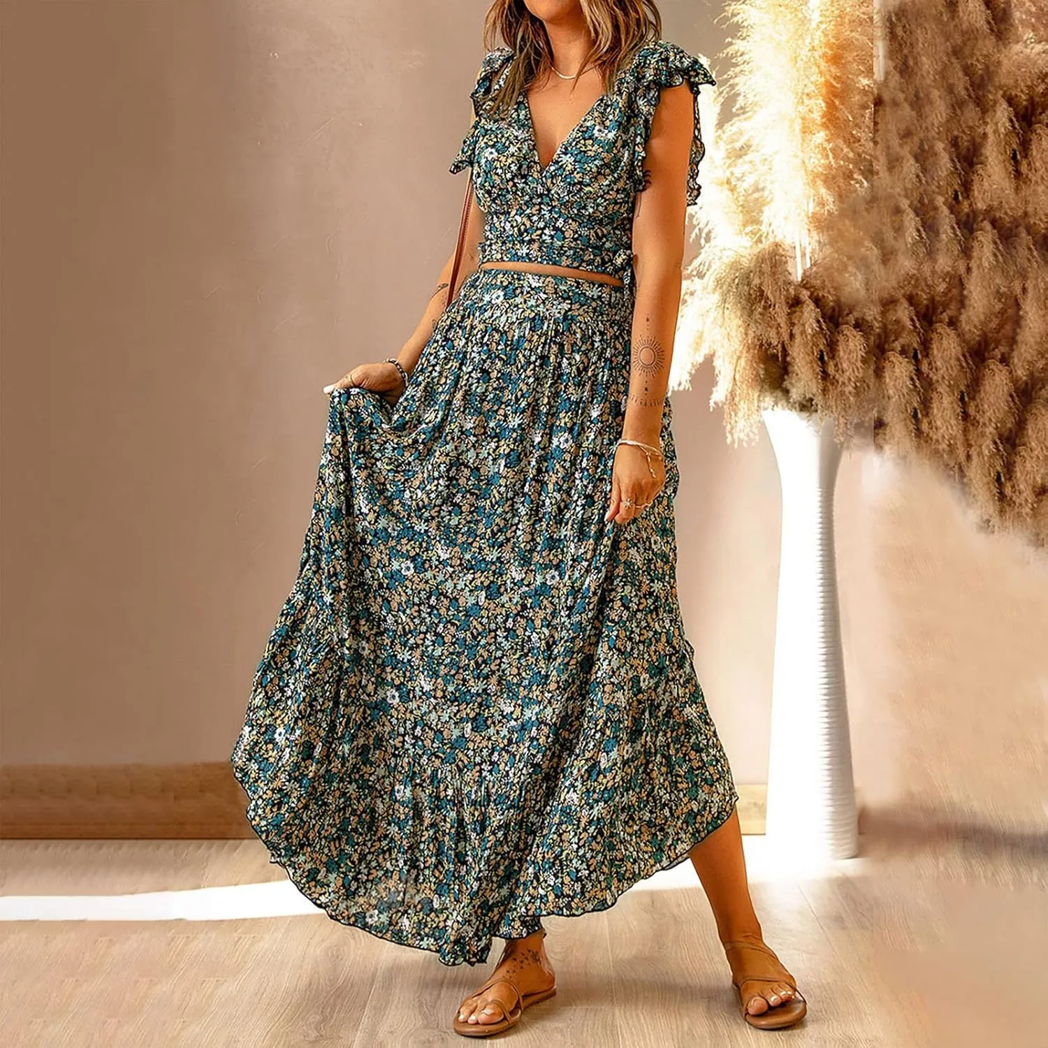 DDAPJ pyju Womens Bohemian Skirt Sets Ruffle Sleeve V Neck Crop Top High Waist Maxi Skirts 2 Piece Beach Vacation Outfits