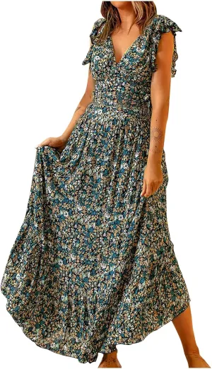 DDAPJ pyju Womens Bohemian Skirt Sets Ruffle Sleeve V Neck Crop Top High Waist Maxi Skirts 2 Piece Beach Vacation Outfits