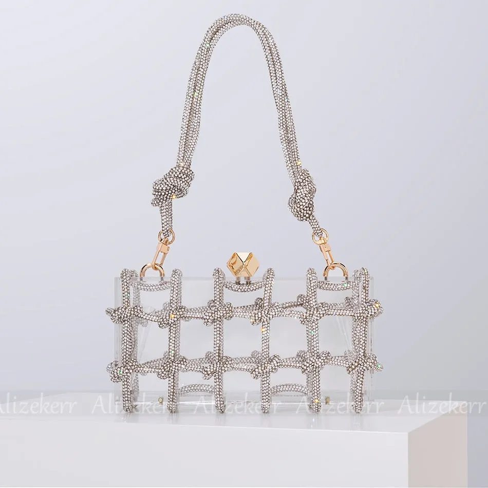 Diamond Clear Acrylic Box Knotted Rope Rhinestone Purses And Handbags