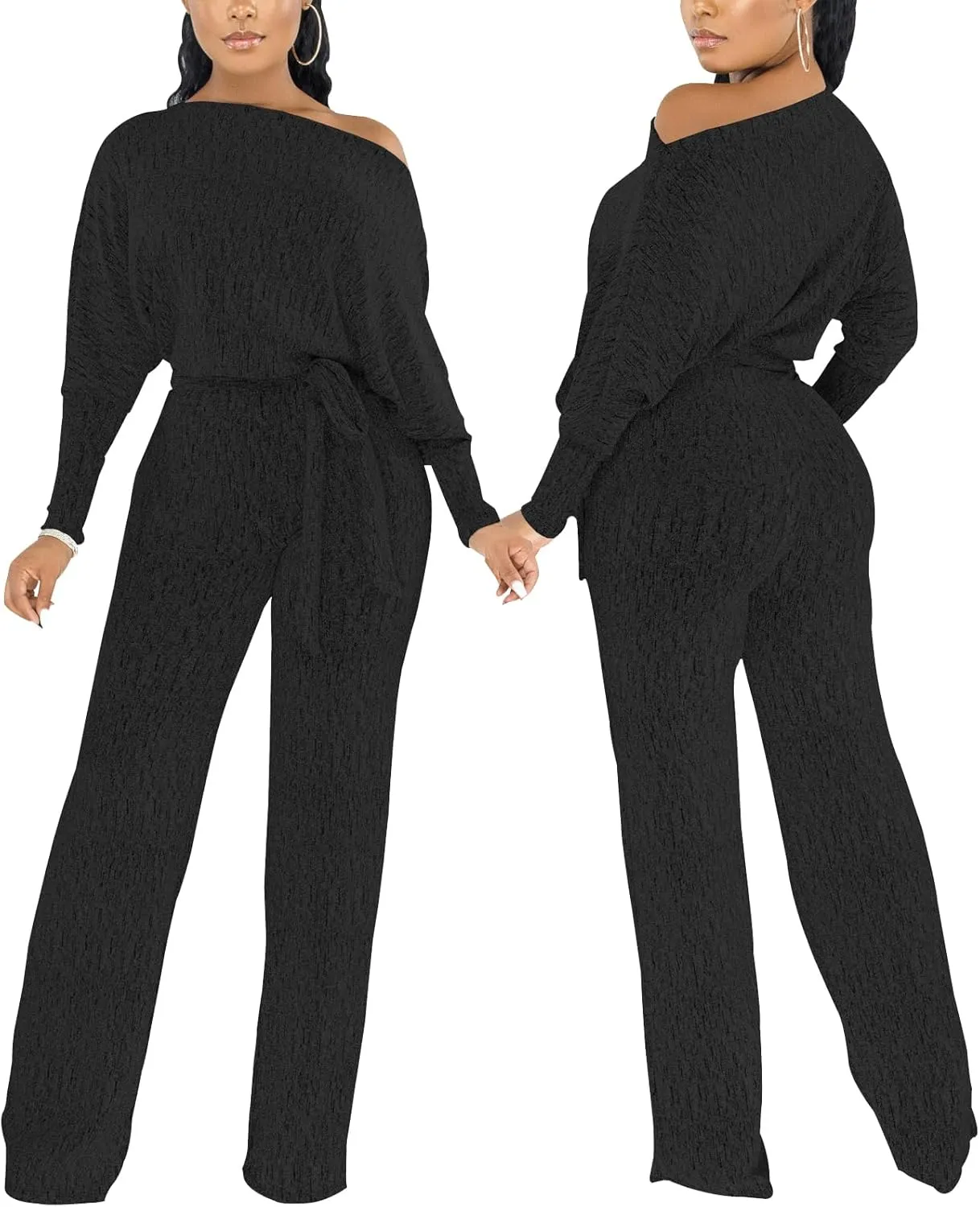 DinyIn Sexy Deep V Neck Long Wide Leg Pant for Women Casual Solid Jumpsuits Plus Size Romper with Belt