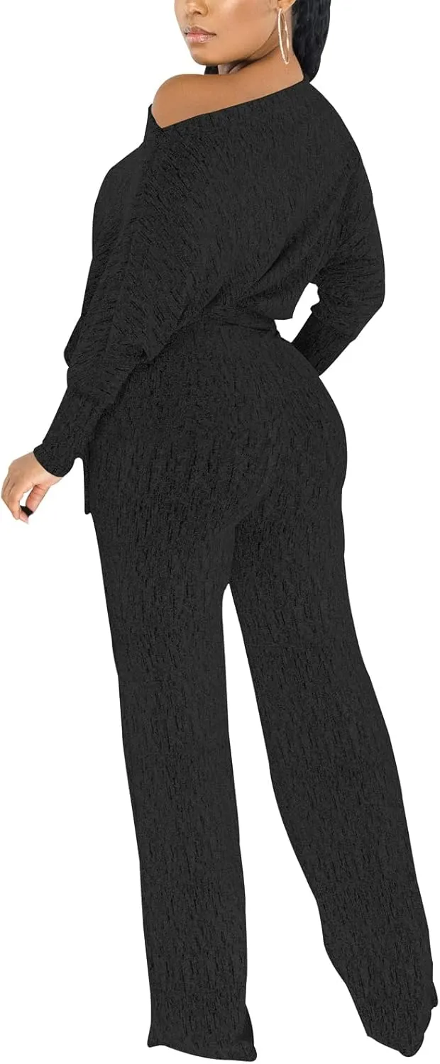 DinyIn Sexy Deep V Neck Long Wide Leg Pant for Women Casual Solid Jumpsuits Plus Size Romper with Belt