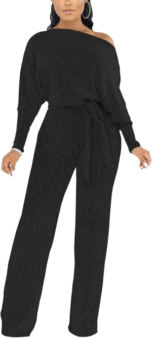 DinyIn Sexy Deep V Neck Long Wide Leg Pant for Women Casual Solid Jumpsuits Plus Size Romper with Belt