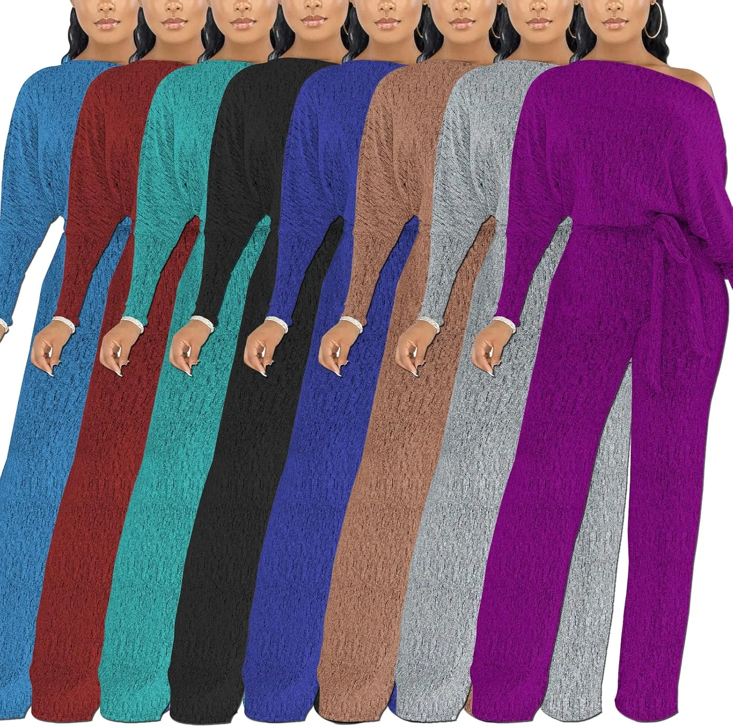 DinyIn Sexy Deep V Neck Long Wide Leg Pant for Women Casual Solid Jumpsuits Plus Size Romper with Belt
