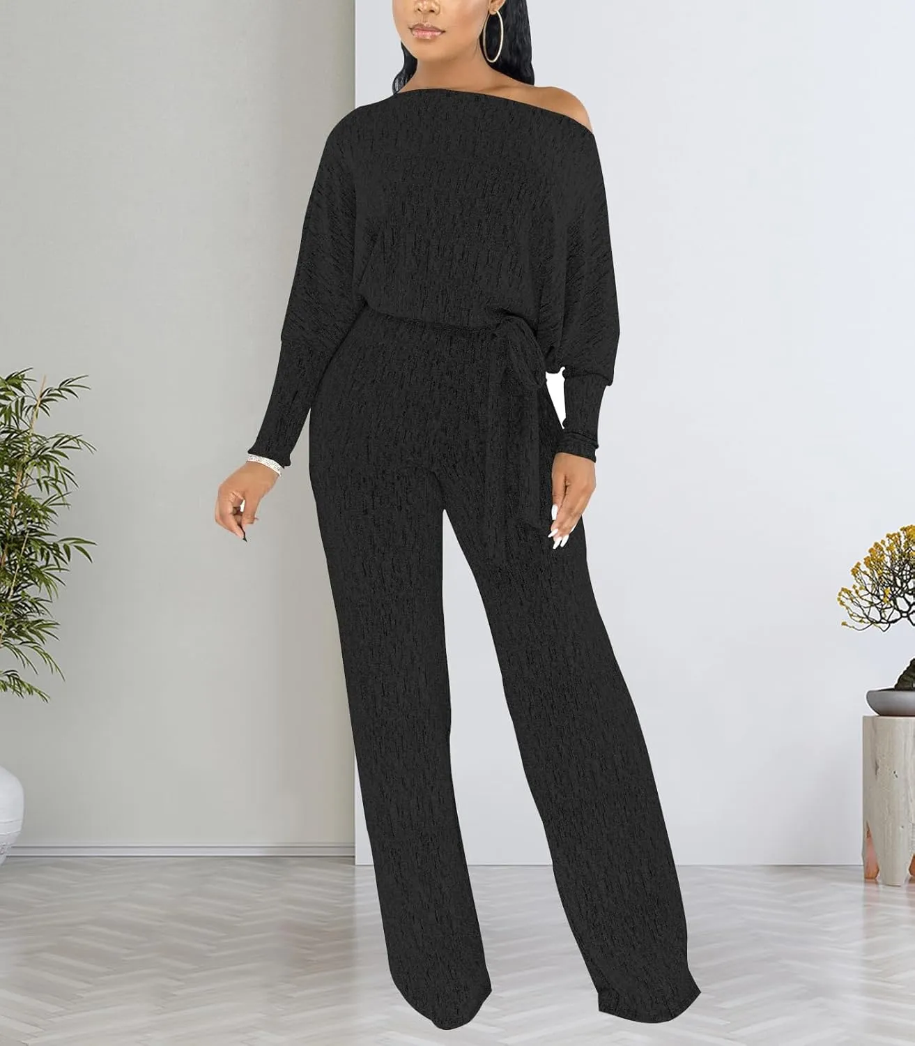 DinyIn Sexy Deep V Neck Long Wide Leg Pant for Women Casual Solid Jumpsuits Plus Size Romper with Belt