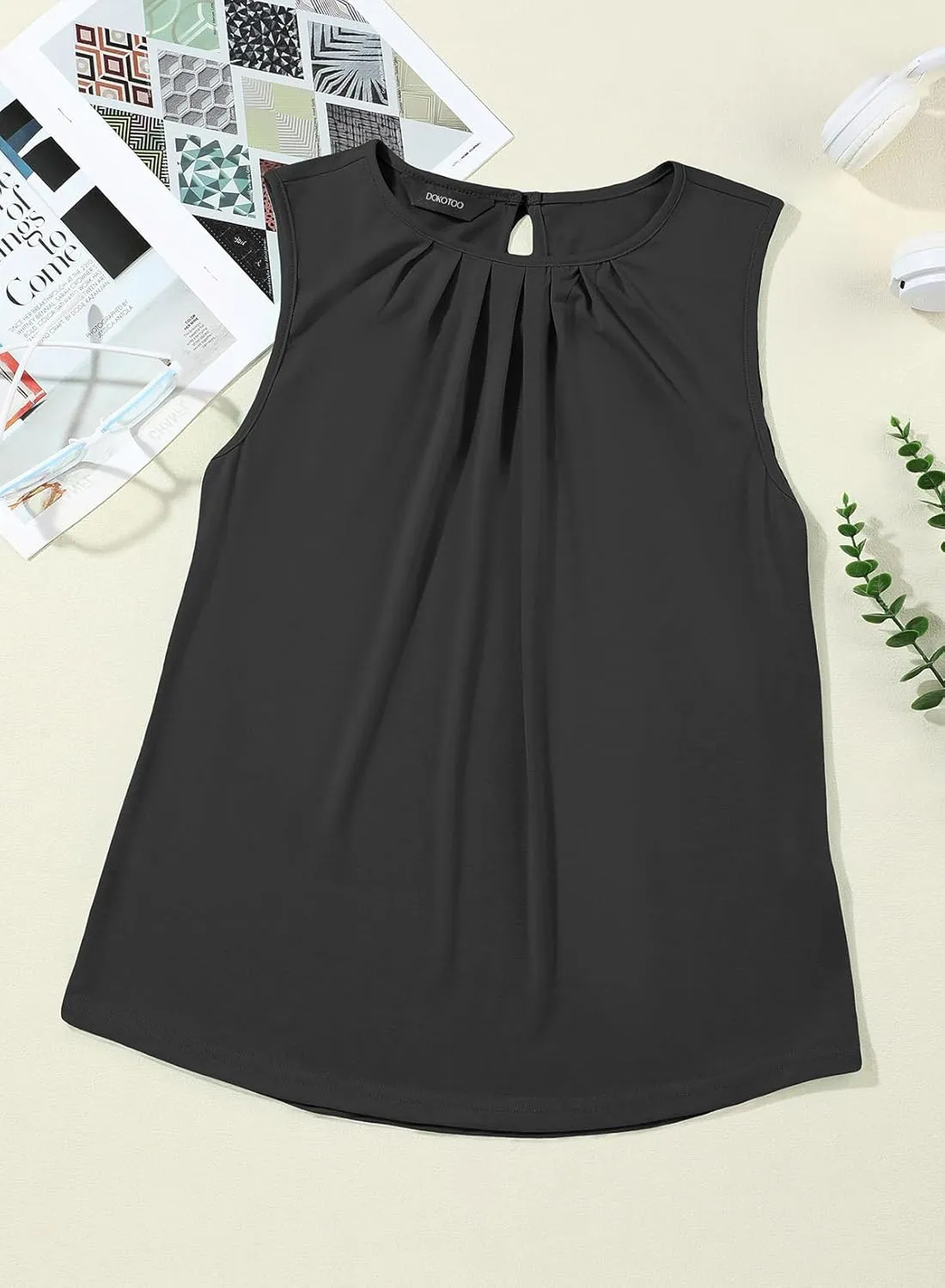 Dokotoo Tank Top for Women Round Neck Pleated Long Flowy Womens Tank Tops Loose Fit Summer Tops Cute Basic 2025