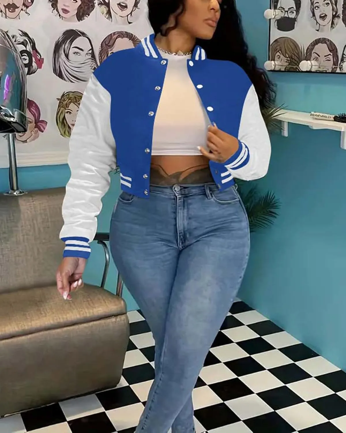 Doweha Women Faux Leather Jacket Light Moto Bomber Jackets Cropped Letterman Baseball Jacket Fall Coat with Pockets