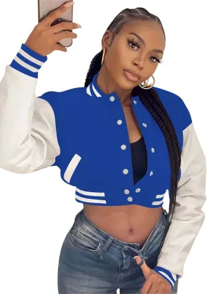Doweha Women Faux Leather Jacket Light Moto Bomber Jackets Cropped Letterman Baseball Jacket Fall Coat with Pockets