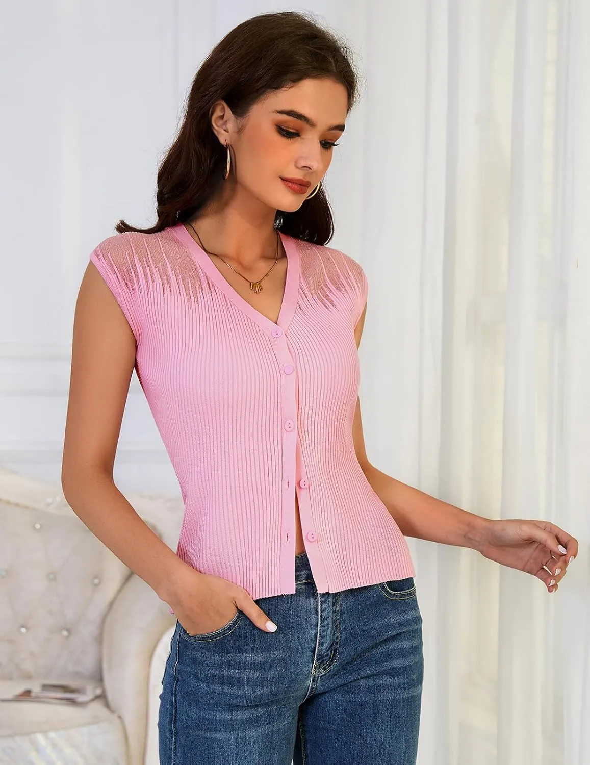 DRESSTELLS Summer Vest Tops for Women 2025 Sweater Vests Button Up Tank Top Y2K Caual Business Knit Shirts