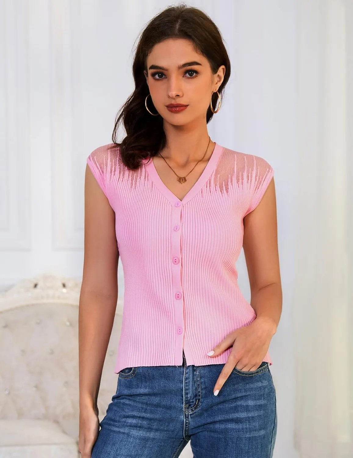 DRESSTELLS Summer Vest Tops for Women 2025 Sweater Vests Button Up Tank Top Y2K Caual Business Knit Shirts