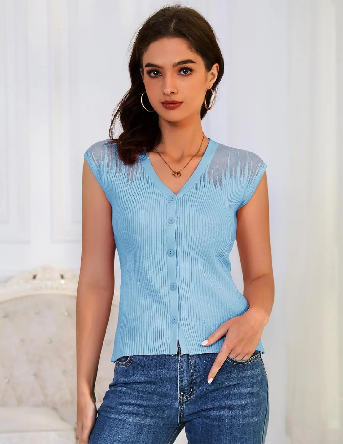 DRESSTELLS Summer Vest Tops for Women 2025 Sweater Vests Button Up Tank Top Y2K Caual Business Knit Shirts
