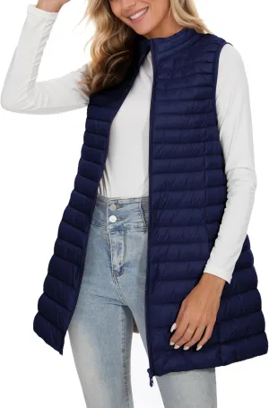 ELFJOY Long Puffer Vest Women Winter Ultra Light Long Down Vest with Stand Collar Black Womens Vests Outerwear