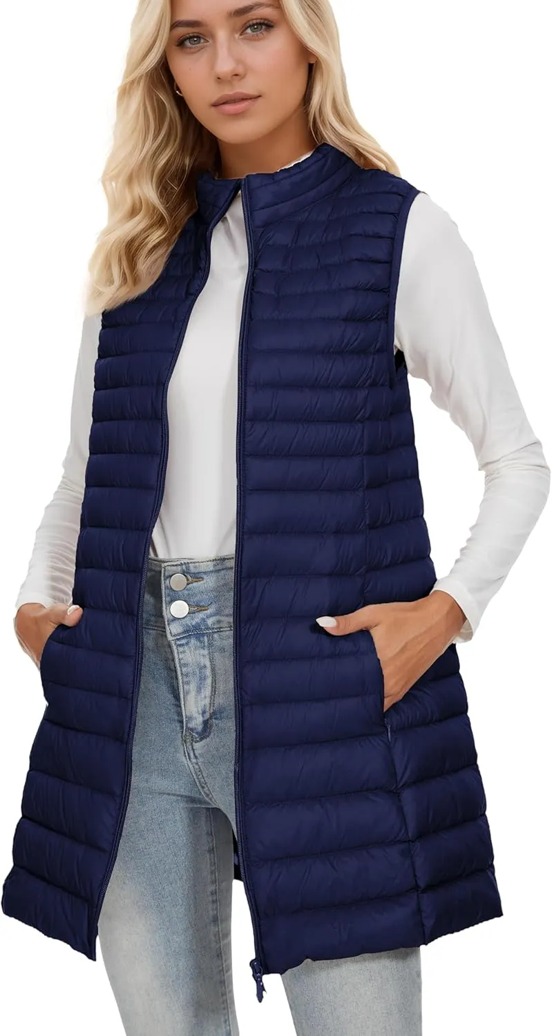 ELFJOY Long Puffer Vest Women Winter Ultra Light Long Down Vest with Stand Collar Black Womens Vests Outerwear