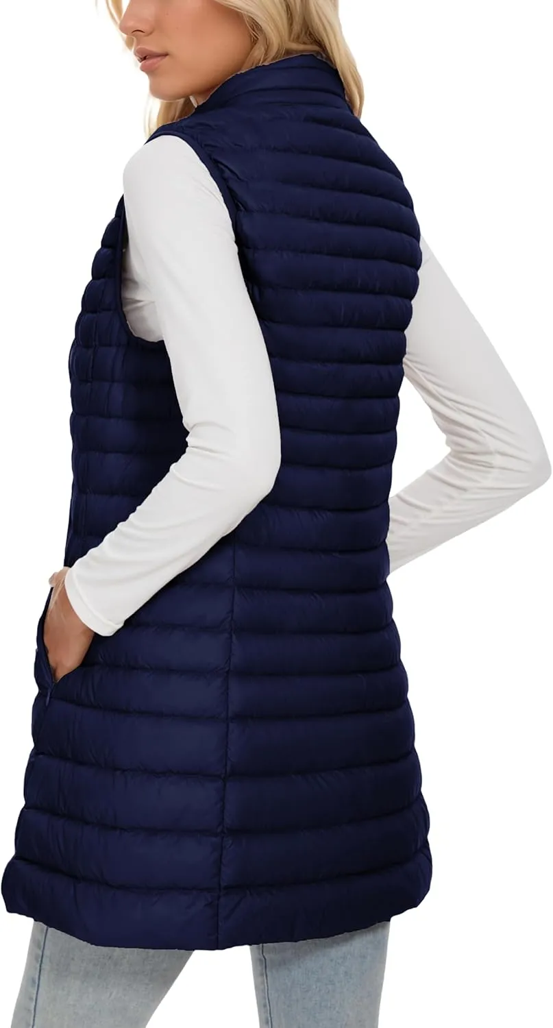 ELFJOY Long Puffer Vest Women Winter Ultra Light Long Down Vest with Stand Collar Black Womens Vests Outerwear