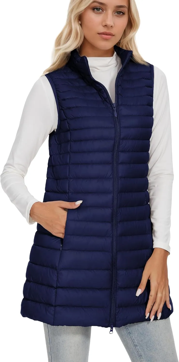 ELFJOY Long Puffer Vest Women Winter Ultra Light Long Down Vest with Stand Collar Black Womens Vests Outerwear
