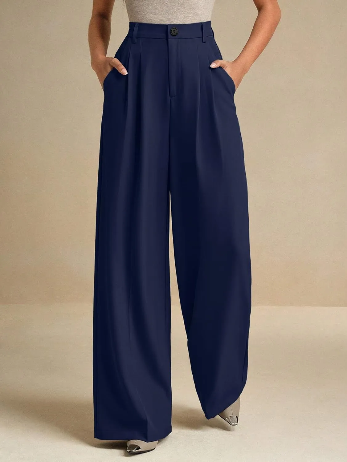 ELLEVEN Women's Casual Wide Leg Dress-Pants, High Elastic Waisted in The Back Business Flowy Trousers with Pockets
