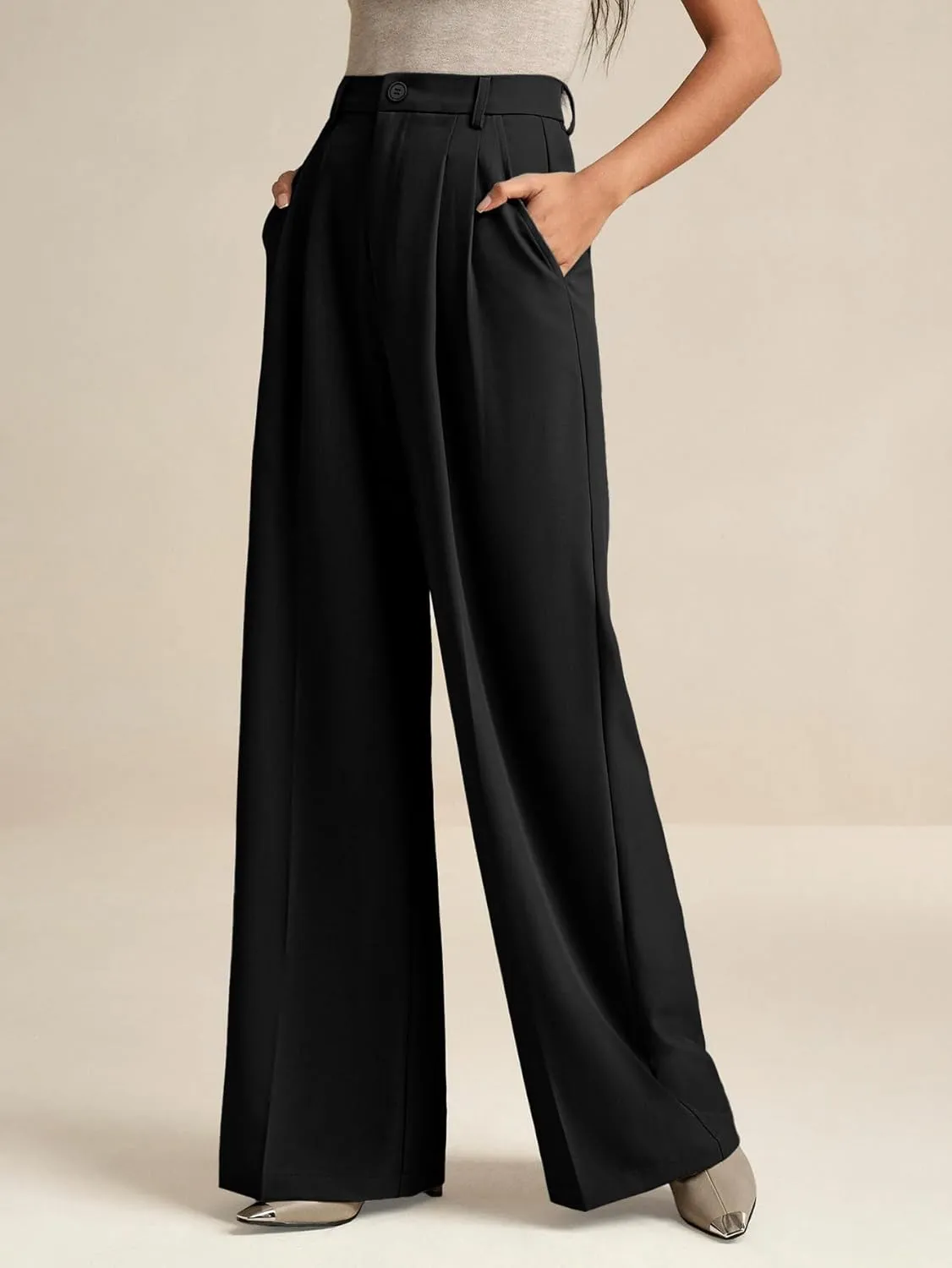 ELLEVEN Women's Casual Wide Leg Dress-Pants, High Elastic Waisted in The Back Business Flowy Trousers with Pockets