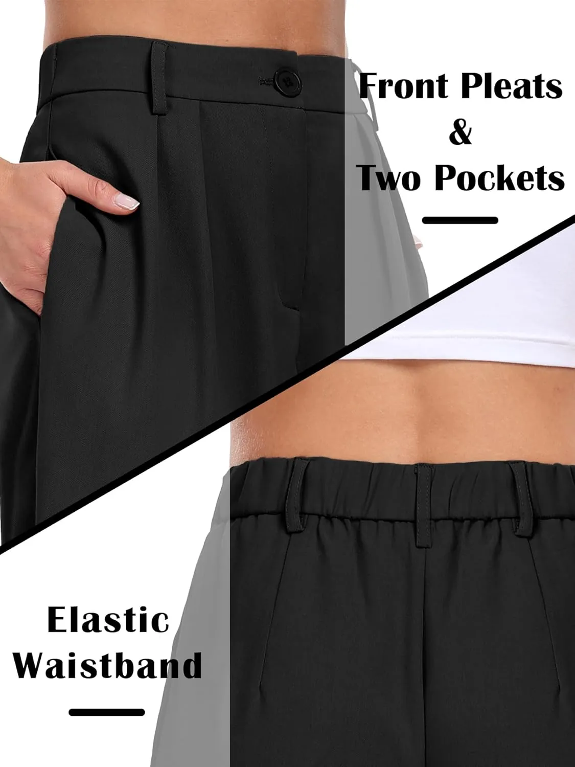 ELLEVEN Women's Casual Wide Leg Dress-Pants, High Elastic Waisted in The Back Business Flowy Trousers with Pockets