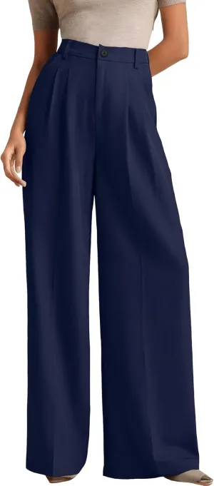 ELLEVEN Women's Casual Wide Leg Dress-Pants, High Elastic Waisted in The Back Business Flowy Trousers with Pockets