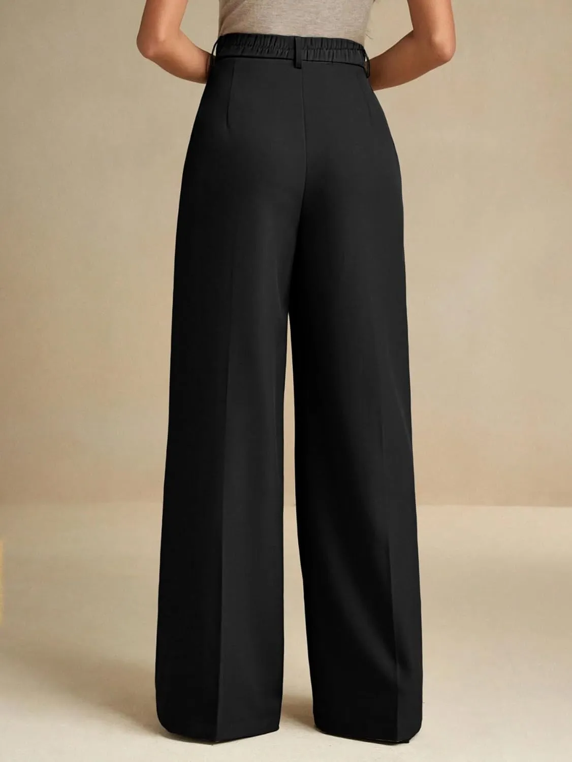 ELLEVEN Women's Casual Wide Leg Dress-Pants, High Elastic Waisted in The Back Business Flowy Trousers with Pockets