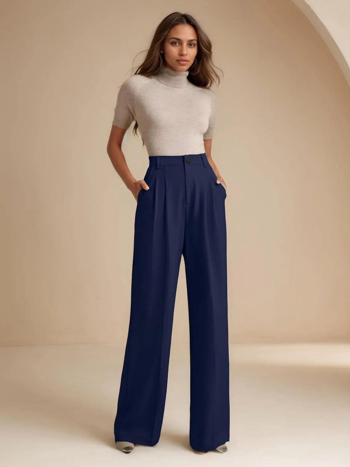 ELLEVEN Women's Casual Wide Leg Dress-Pants, High Elastic Waisted in The Back Business Flowy Trousers with Pockets