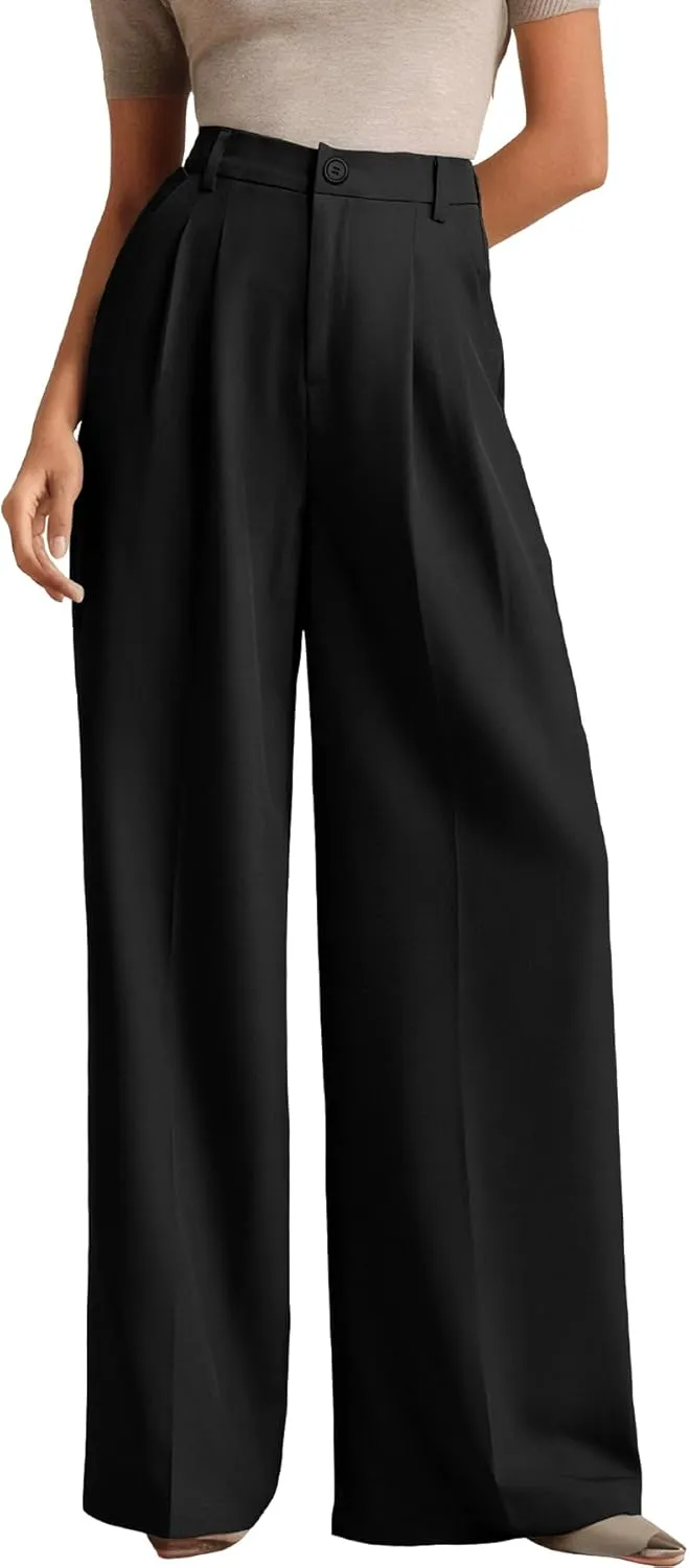 ELLEVEN Women's Casual Wide Leg Dress-Pants, High Elastic Waisted in The Back Business Flowy Trousers with Pockets
