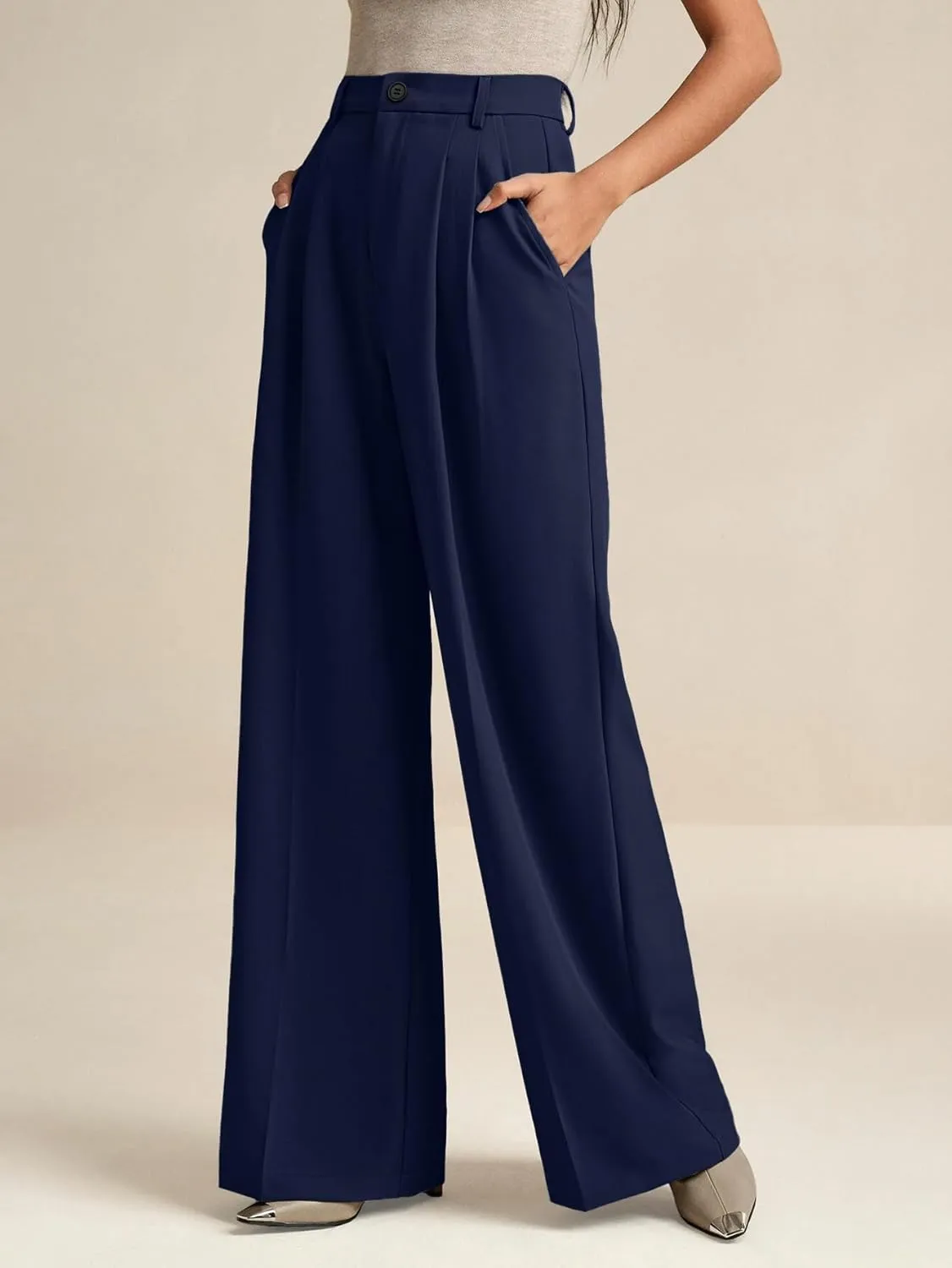 ELLEVEN Women's Casual Wide Leg Dress-Pants, High Elastic Waisted in The Back Business Flowy Trousers with Pockets