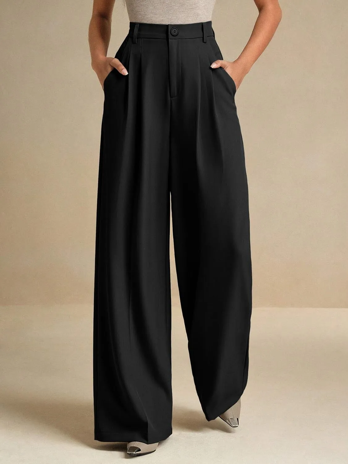 ELLEVEN Women's Casual Wide Leg Dress-Pants, High Elastic Waisted in The Back Business Flowy Trousers with Pockets