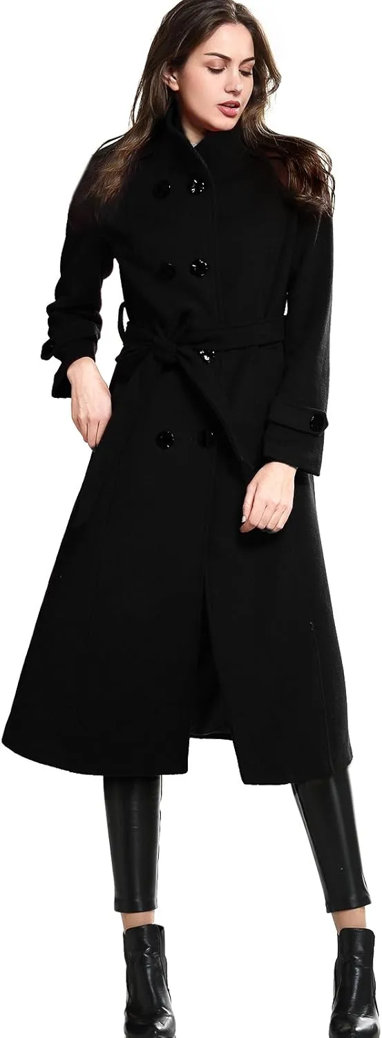 Escalier Women's Wool Trench Coat Winter Double-Breasted Jacket with Belts