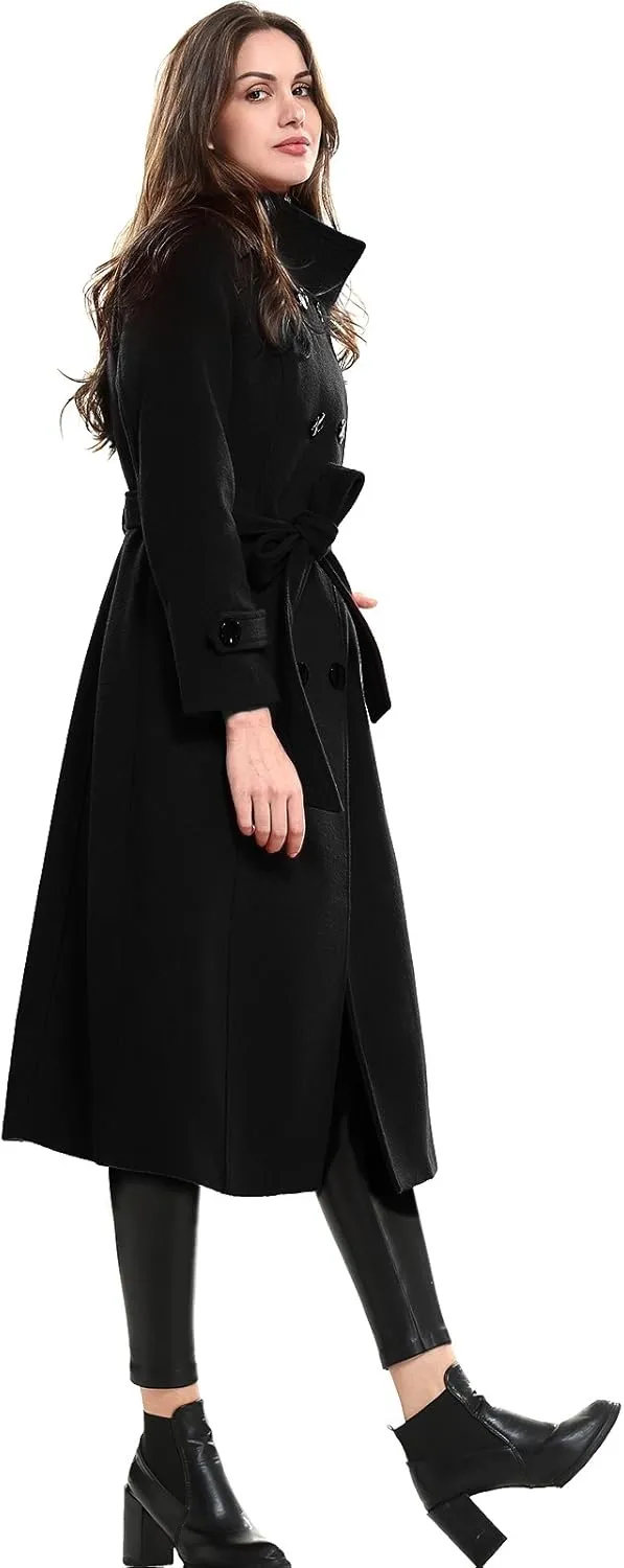 Escalier Women's Wool Trench Coat Winter Double-Breasted Jacket with Belts