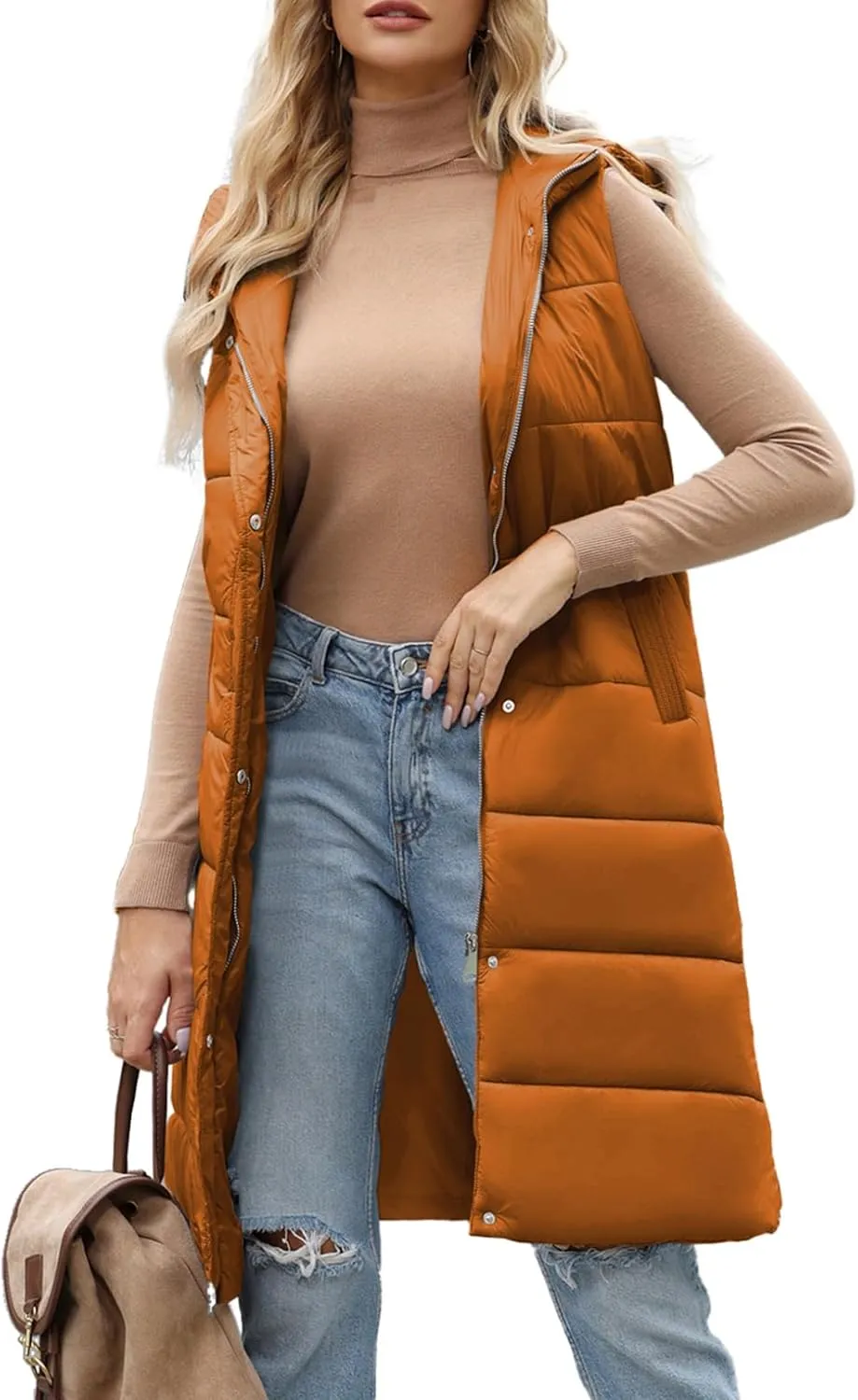EVALESS Womens Long Puffer Vest Quilted Hooded Sleeveless Zip Up Down Jacket Winter Warm Lightweight Gilet Coat Outerwear