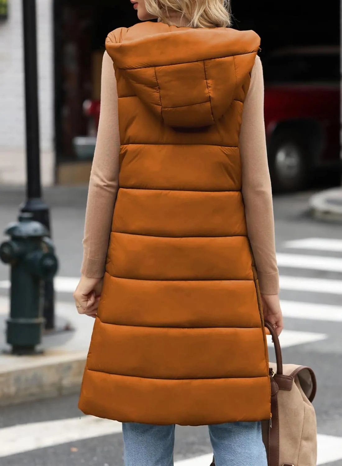 EVALESS Womens Long Puffer Vest Quilted Hooded Sleeveless Zip Up Down Jacket Winter Warm Lightweight Gilet Coat Outerwear