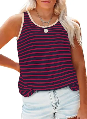 Eytino Plus Size Tank Tops for Women Sleeveless Crew Neck Striped Casual Summer Loose Tee Shirts(1X-5X)