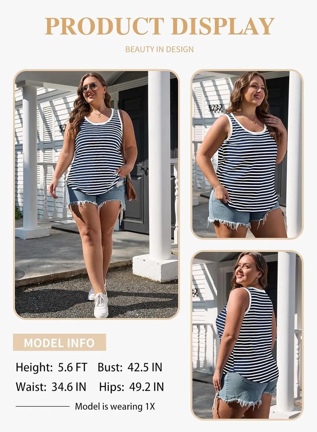 Eytino Plus Size Tank Tops for Women Sleeveless Crew Neck Striped Casual Summer Loose Tee Shirts(1X-5X)