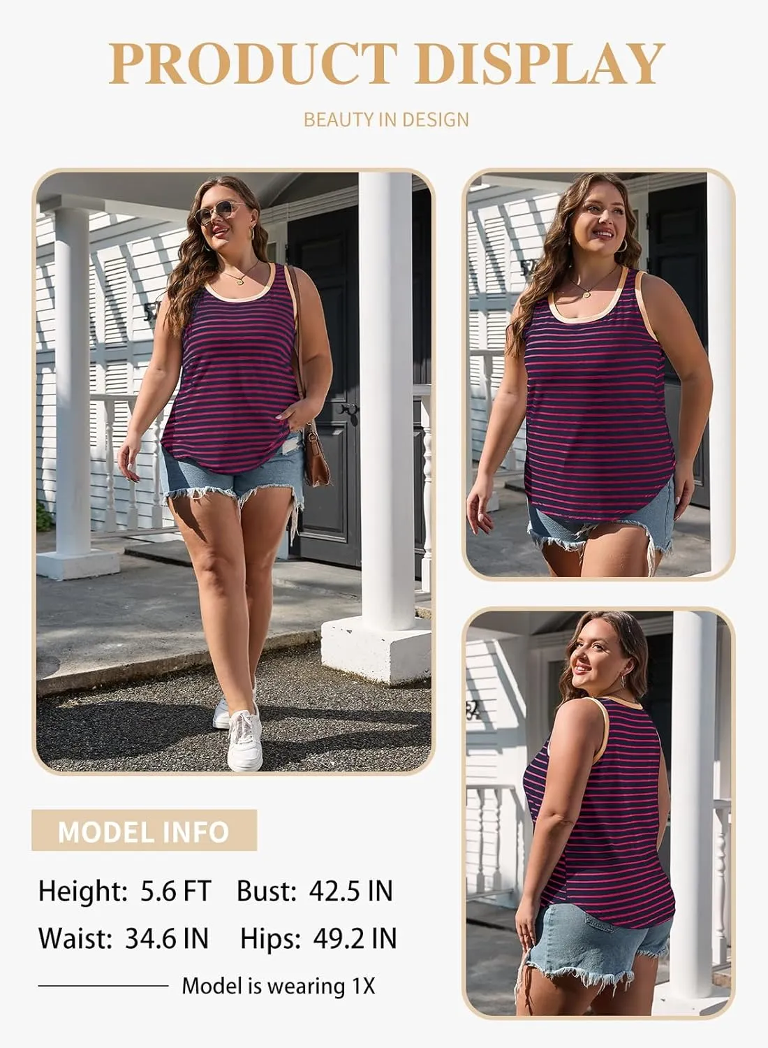 Eytino Plus Size Tank Tops for Women Sleeveless Crew Neck Striped Casual Summer Loose Tee Shirts(1X-5X)