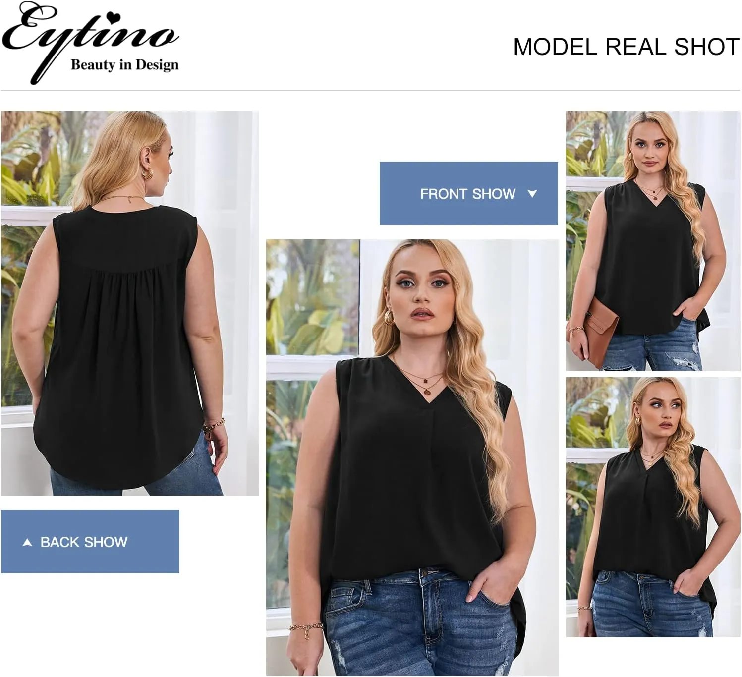 Eytino Womens Plus Size Tank Tops Summer Sleeveless V Neck Casual Loose Chiffon Blouse Office Work Shirts(1X-5X)