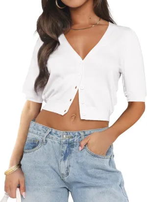 Ezbelle Summer Women's V Neck Tops Cardigan Sweater Sexy Short Sleeve Knit Crop Button Down Shirt 2025