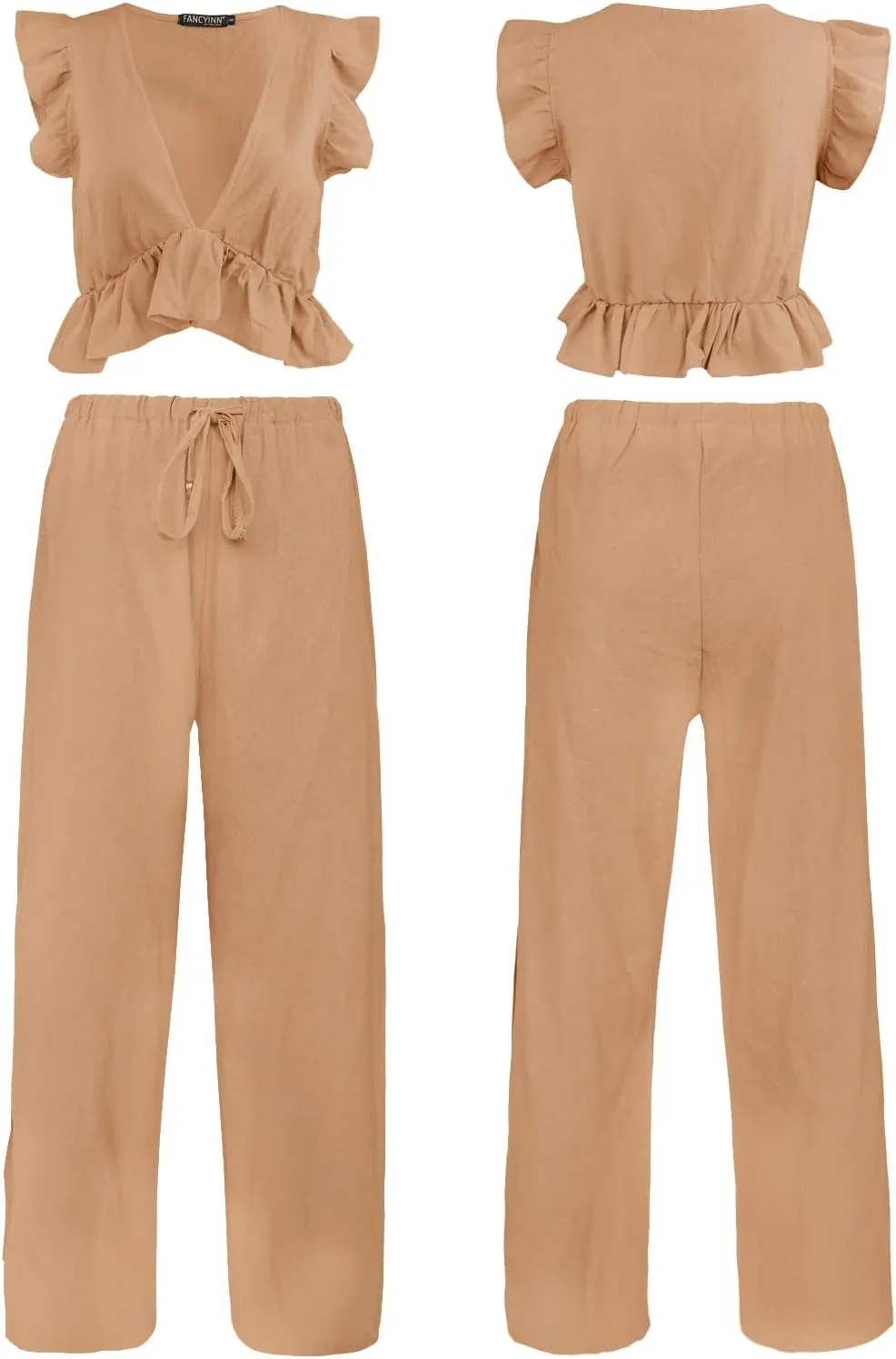 FANCYINN Womens 2 Pieces Outfits Deep V Neck Crop Top Side Slit Drawstring Wide Leg Pants Set Jumpsuits